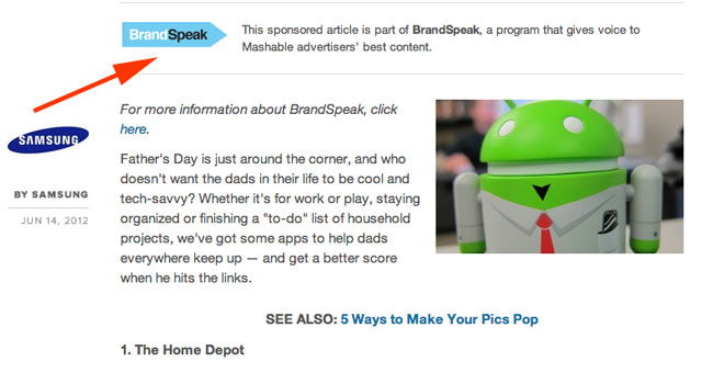 Mashable.com has most posts sponsored