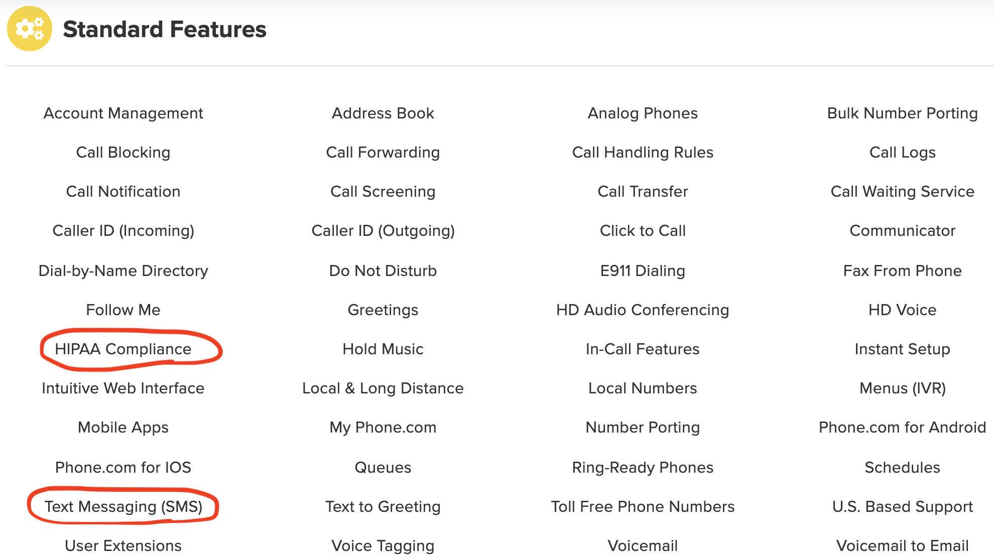Phone.com Standard Features Phone.com Standard Features