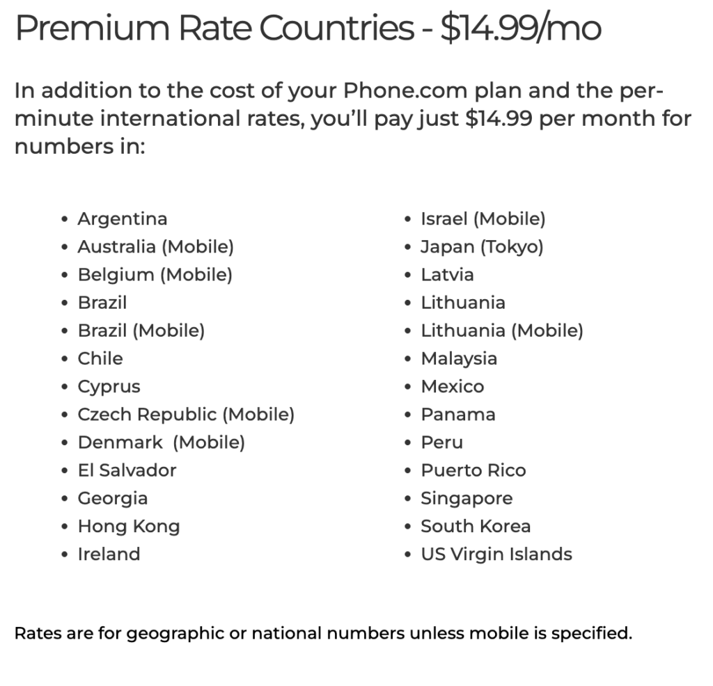 Premium Rate Countries
